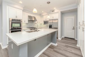 kitchen with soft gray and white walls