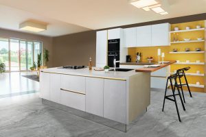 modern kitchen with yellow, brown, and white walls