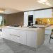 modern kitchen with yellow, brown, and white walls