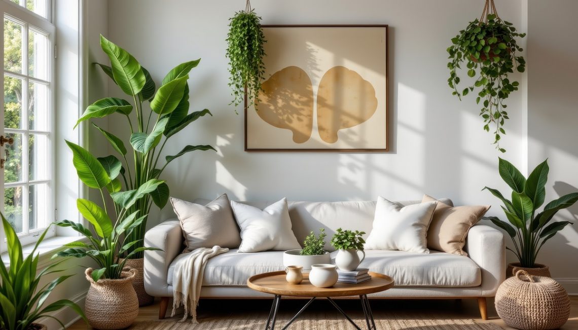 biophilic living room with beautiful indoor plants