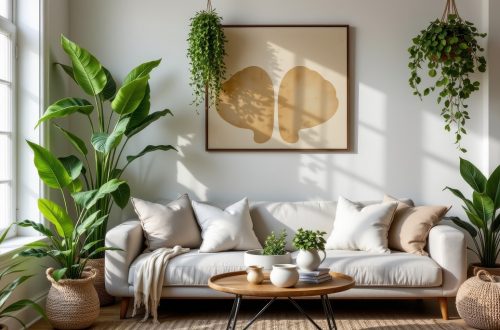 biophilic living room with beautiful indoor plants